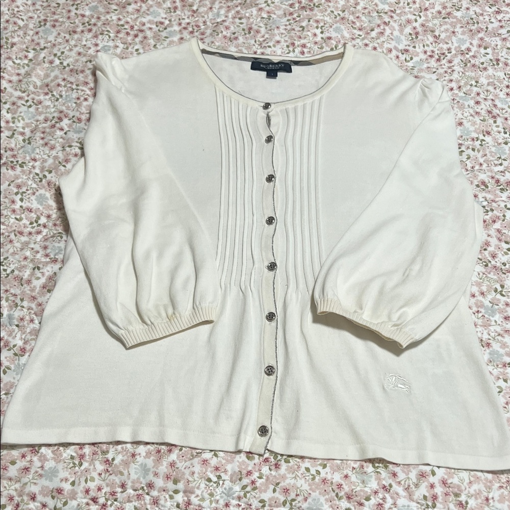 Burberry Cream Ribbed Knit Cardigan with Plaid Trim
